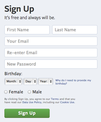 facebook sign up form